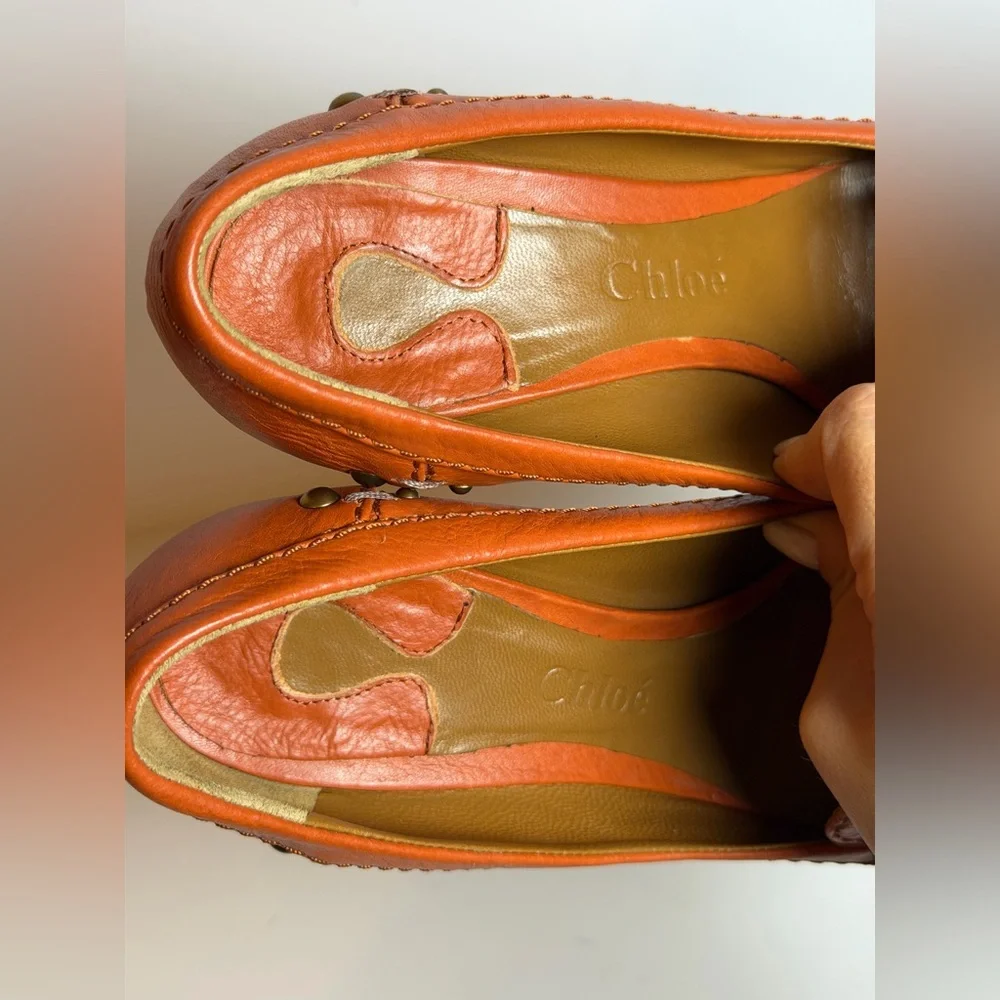 Chloe Orange Leather Pumps Block Heel Penny Loafers Size 37